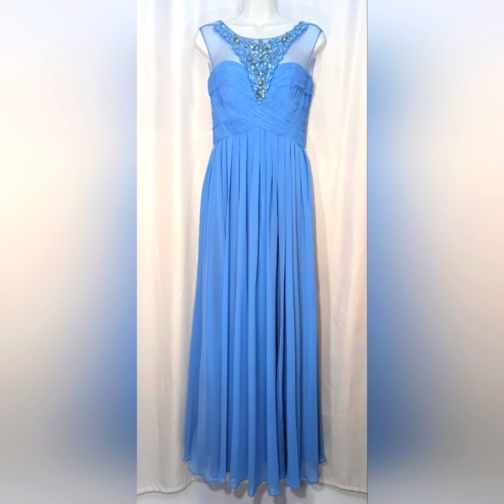 JS Collections Blue Special Occasion Maxi Dress with Embellished Neckline,Size 2